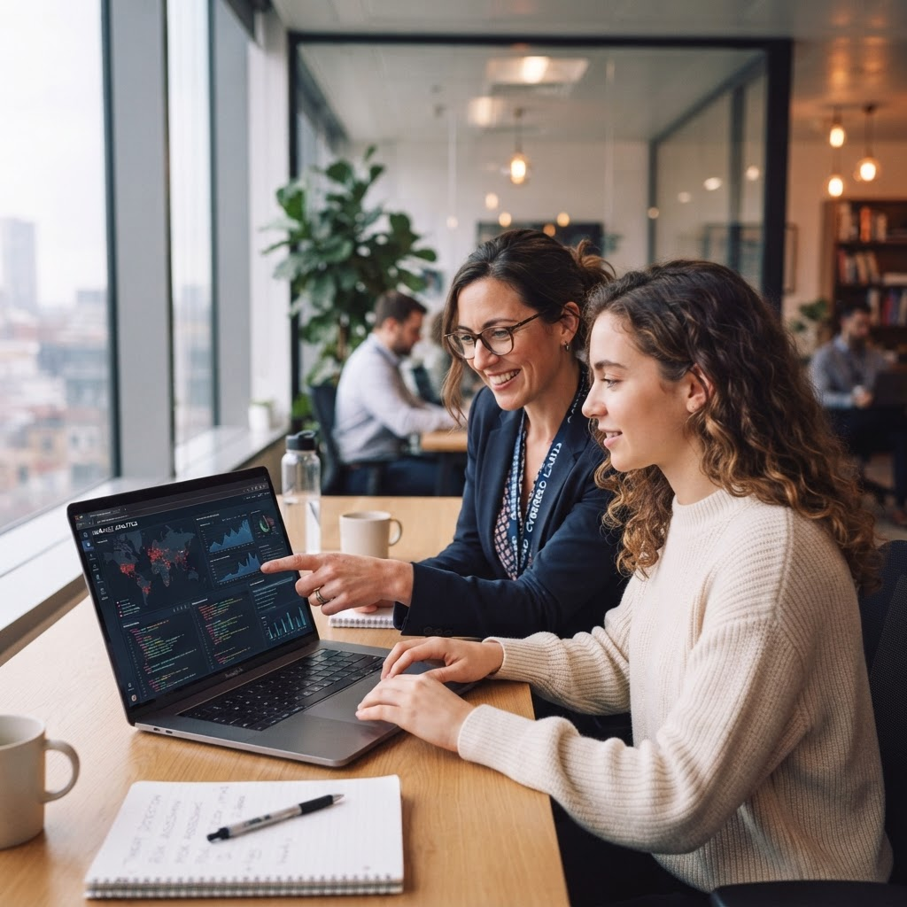A woman mentoring another at a laptop